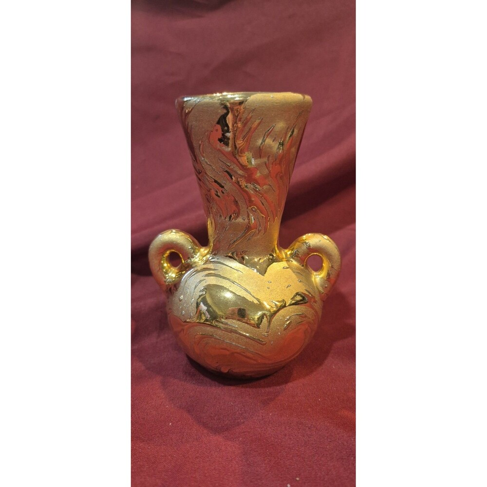 Vintage SWETYE POTTERY 5" BUD VASE 22 K GOLD Plated and 2 Handles Salem Ohio